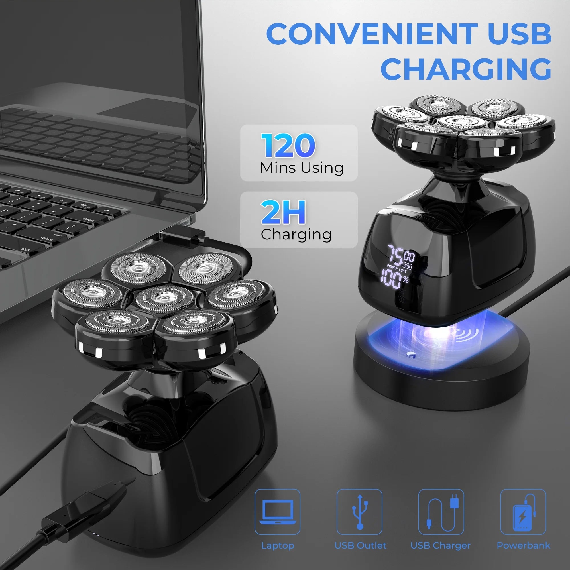 7D Floating Rotary Head Shaver for Bald Men, Cordless Electric Razor