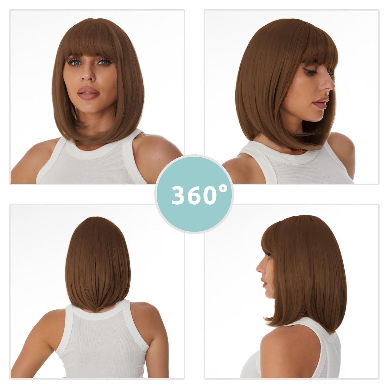 Auburn Bob Wigs with Bangs for Women Short Straight Shoulder Length Heat Resistant Synthetic Wig Light Golden Brown Natural Looking for Daily Cosplay Party