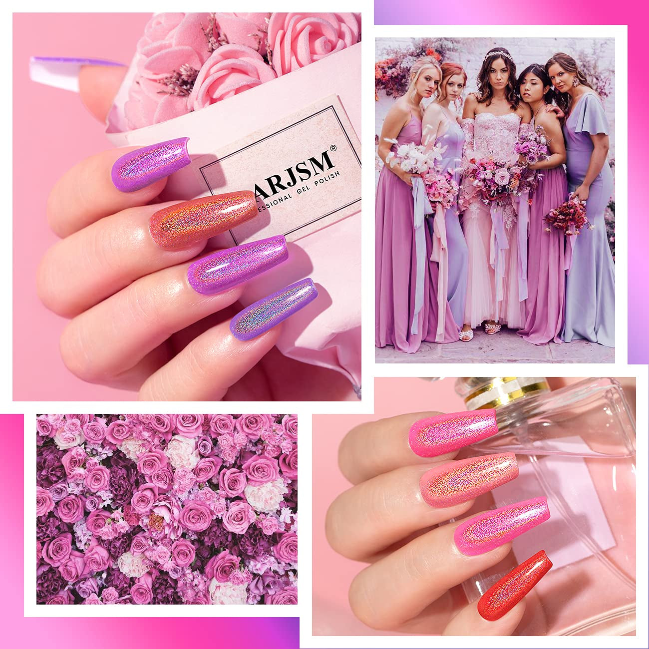 Holographic Gel Nail Polish Set Summer Colors Glitter Gel Polishes Kit Rose Gold Hot Pink Red Violet Bright Purple 6PCS 7.5ML Curing Required Unicorn Mirror Laser Effect for Salon Home Manicure