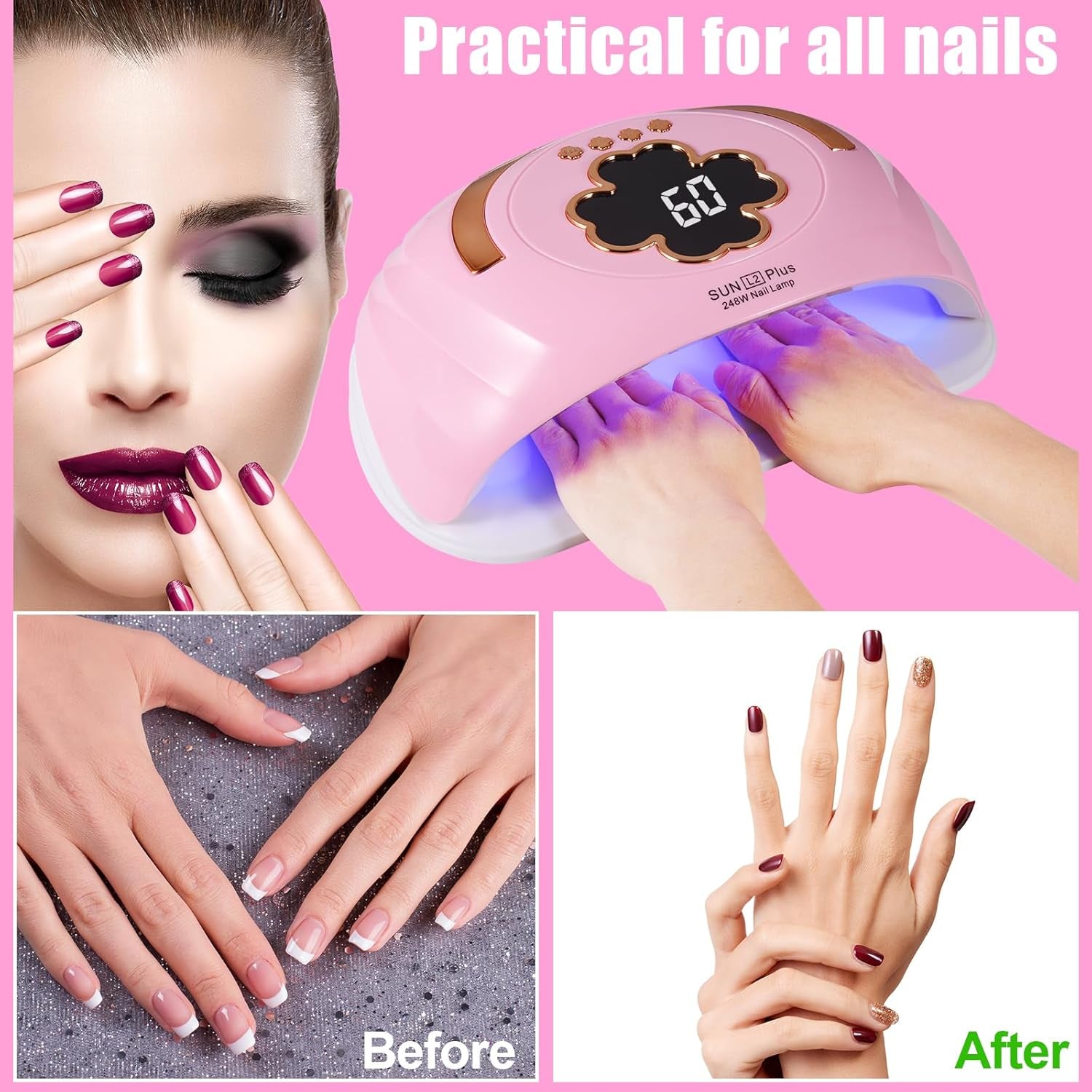 UV LED Nail Lamp for Two Hand, 248W Nail Dryer for Gel Polish, Large Space UV Light for Nails,45 Pcs Lamp Beads and Professional Manicure Phototherapy Lamp with Automatic Sensor(Pink)