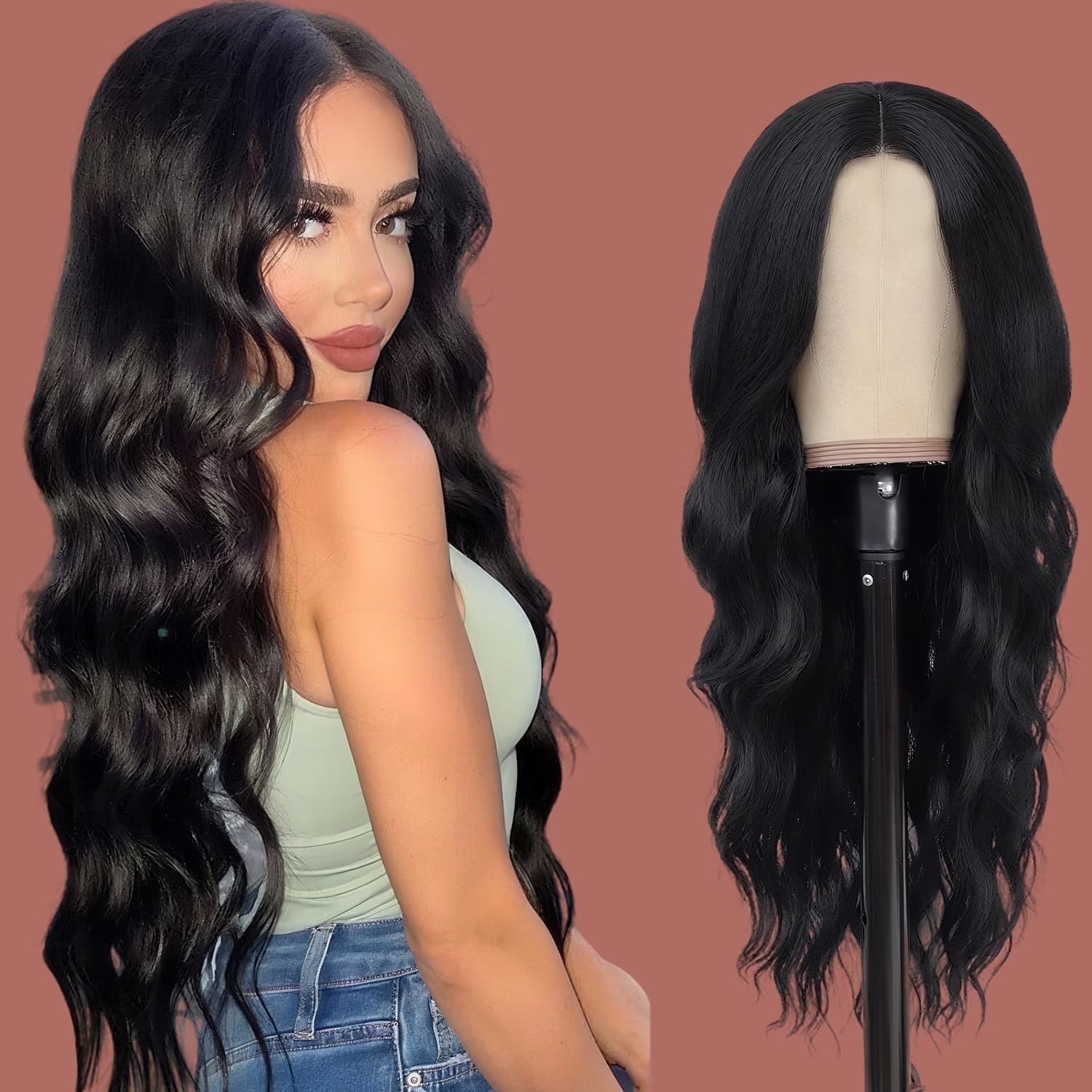 Long Straight Black Wigs for Women Synthetic Long Straight Wig with Bangs Looking Natural Black Long Wigs 24 Inch