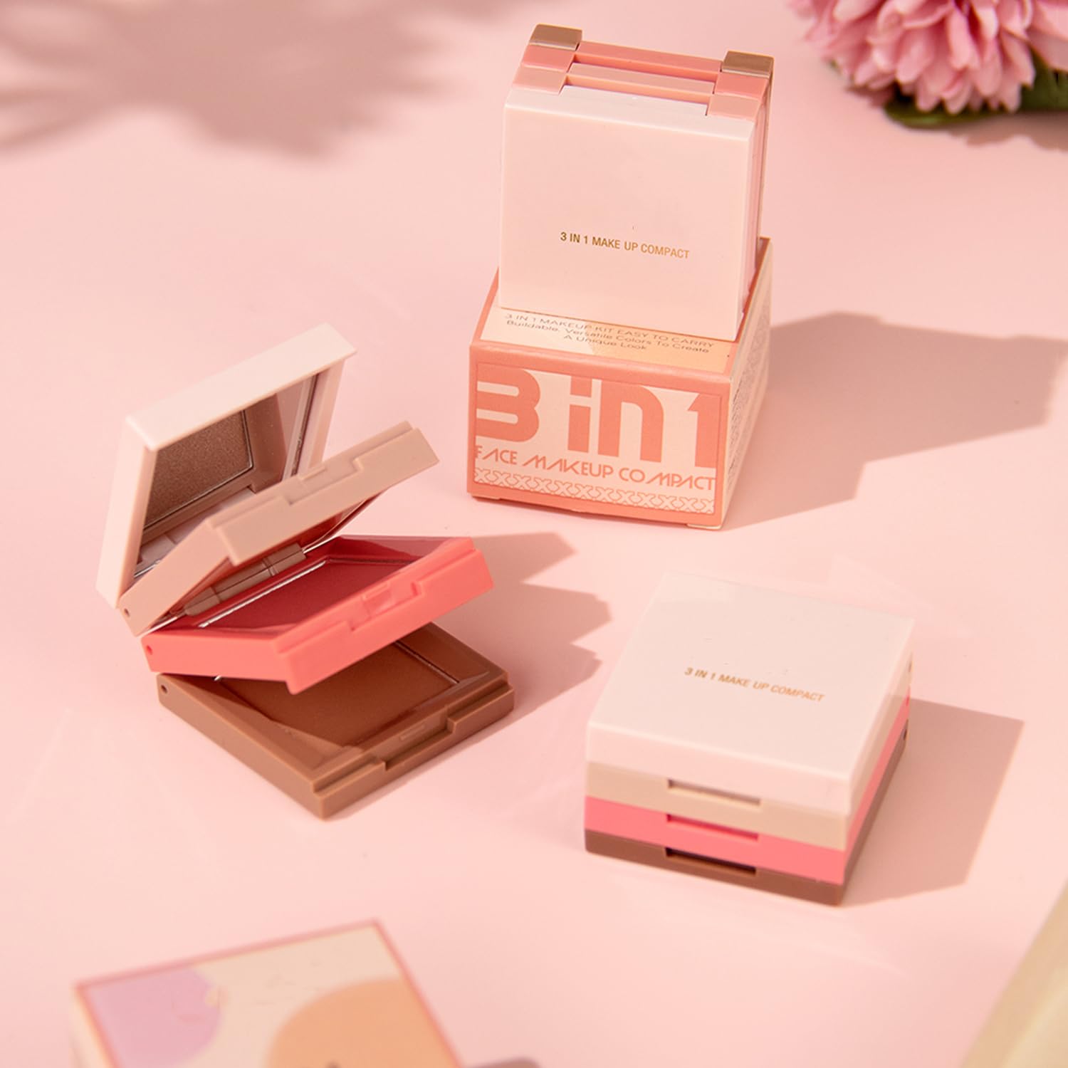 3 in 1 Contour Highlighter Blush Makeup Palette, Shimmer Matte 3 Colors Pigmented Brighten Highlighting Bronzer Blusher Eyeshadow Pallet, Long Lasting Shaping Full Face Eyes Makeup Kit with Mirror