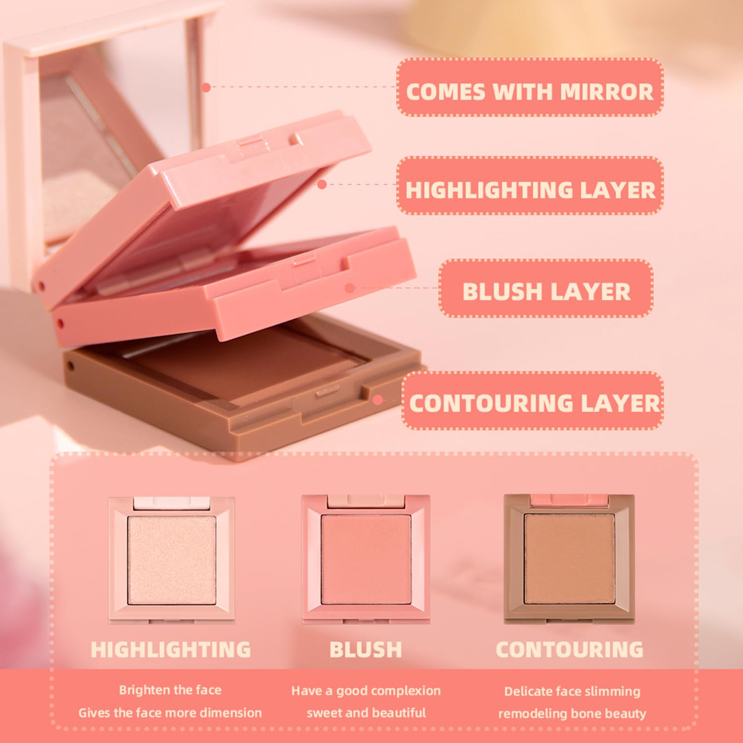 3 in 1 Contour Highlighter Blush Makeup Palette, Shimmer Matte 3 Colors Pigmented Brighten Highlighting Bronzer Blusher Eyeshadow Pallet, Long Lasting Shaping Full Face Eyes Makeup Kit with Mirror