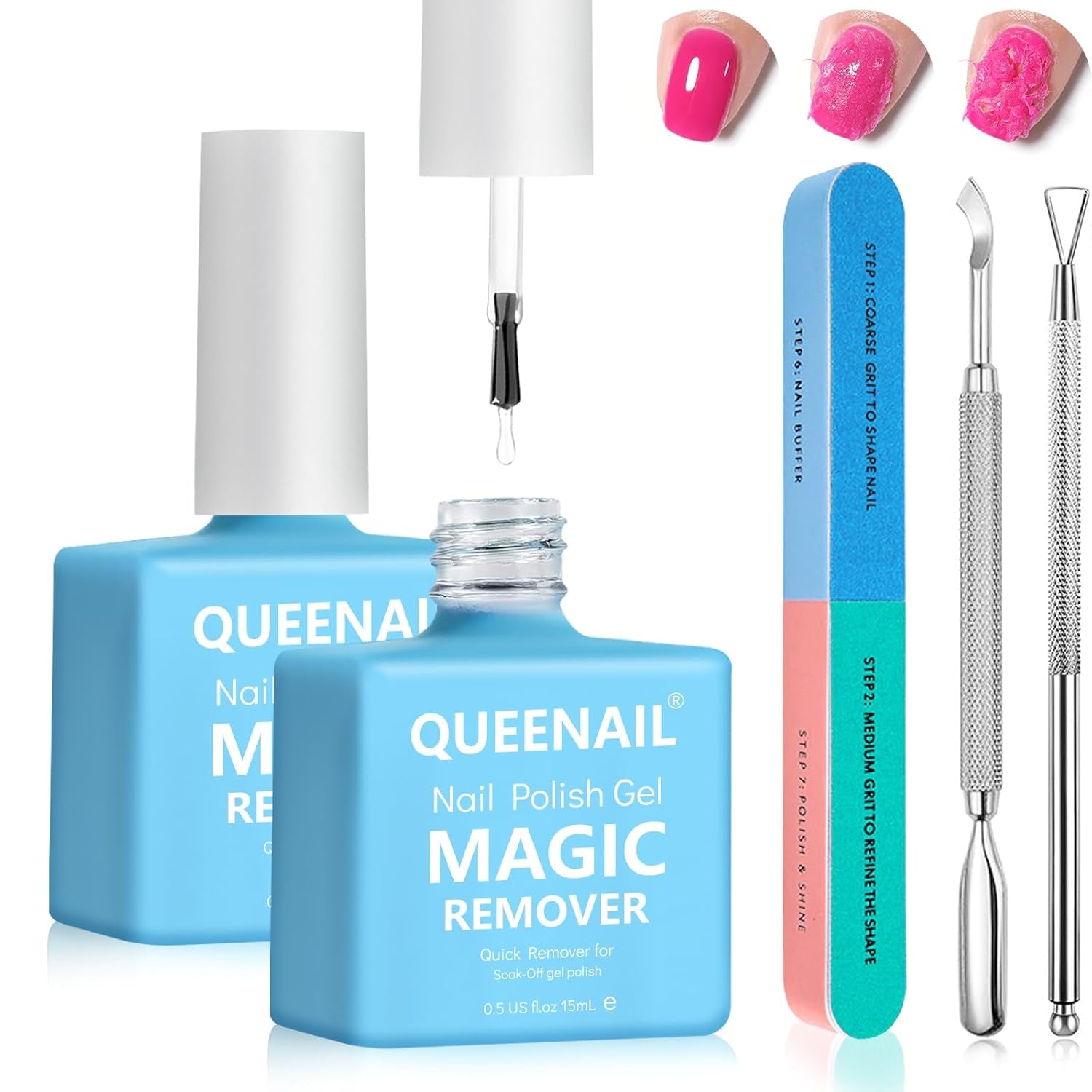 Gel Nail Polish Remover Kit - 2 Pieces with Steel Push and Nail File - Quick and Easy Removal in 3-5 Minutes - No Foil Needed