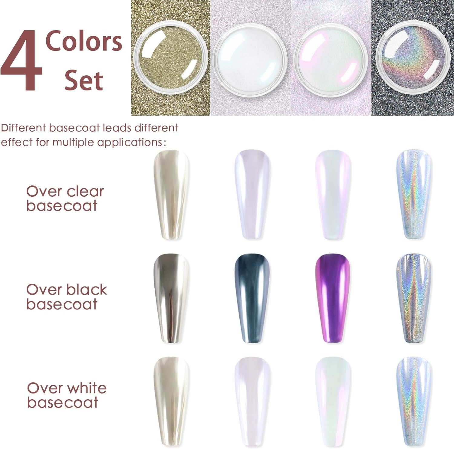 Chrome Nail Powder 4Pcs White Pearl Chrome Pigment Powder Iridescent Holographic Nail Glitter Dust Metallic Mirror Effect Pigment for Nail Gel Manicure DIY at Home Salon Women Gifts