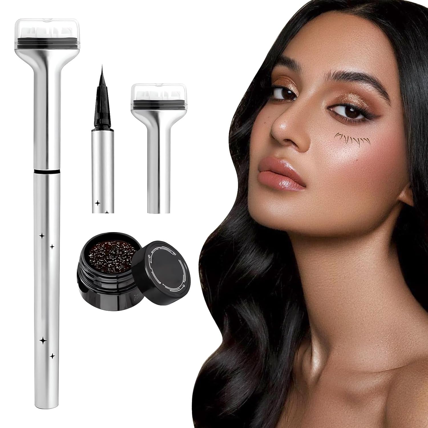 Lower Lash Stamp, 2-In-1 Waterproof Sweatproof Eyeliner & Lower Eyelash Stamp Set, Silicone Eyelash Stamp New Lower Eyelash Stamps Quick Eye Makeup Tool Lady Long Lasting Makeup Beauty Tools (Brown)