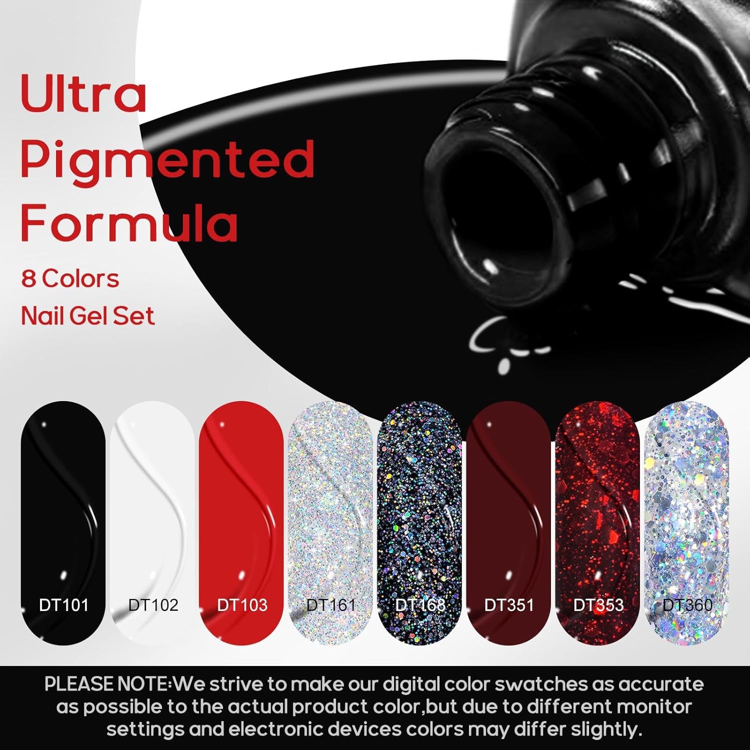 White Red Gel Nail Polish Set, 8 Colors Black Bloody Red Shimmer Red Silver Gel Polish Kit for All Seasons Soak off Gel Nail Manicure Gifts for Women