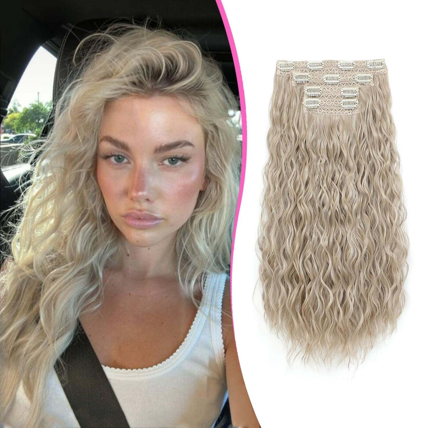 4Pcs Clip in Hair Extensions 20Inch Blonde Soft Invisible Hair Extensions Clip Ins Thick Mermaid Curly Hair Clip Ins Seamless Lace Weft for Women(Ivory Blonde)