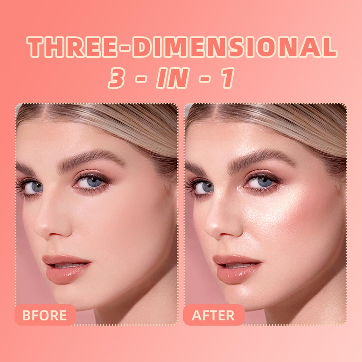 3 in 1 Contour Highlighter Blush Makeup Palette, Shimmer Matte 3 Colors Pigmented Brighten Highlighting Bronzer Blusher Eyeshadow Pallet, Long Lasting Shaping Full Face Eyes Makeup Kit with Mirror