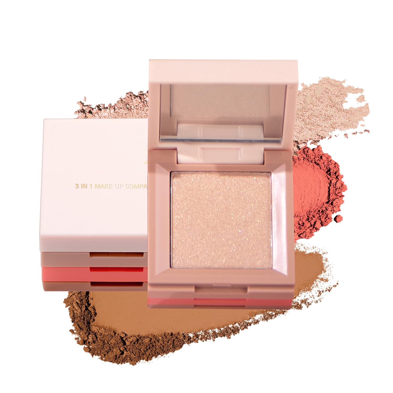 3 in 1 Contour Highlighter Blush Makeup Palette, Shimmer Matte 3 Colors Pigmented Brighten Highlighting Bronzer Blusher Eyeshadow Pallet, Long Lasting Shaping Full Face Eyes Makeup Kit with Mirror