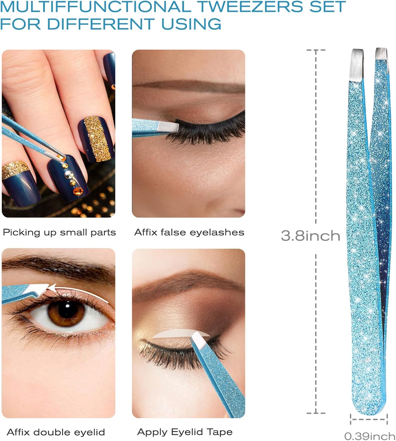 4-Pcs Glitter Stainless Steel Precision Tweezer Set for Eyebrows, Ingrown Hair & Lash Extensions (Cyan)