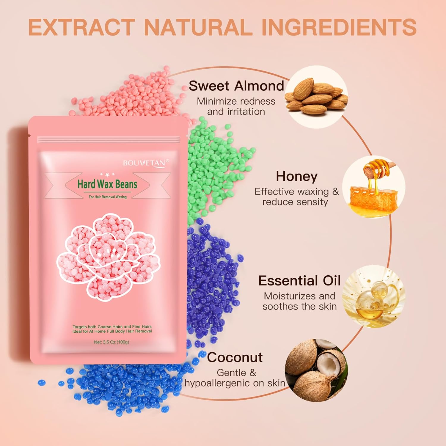Hard Wax Beads, 400G Wax Beans for Hair Removal, Perfect for Sensitive Skin Full Body, Facial, Brazilian Bikini, and Legs at Home, 4 Packs Wax Refill for Women Men