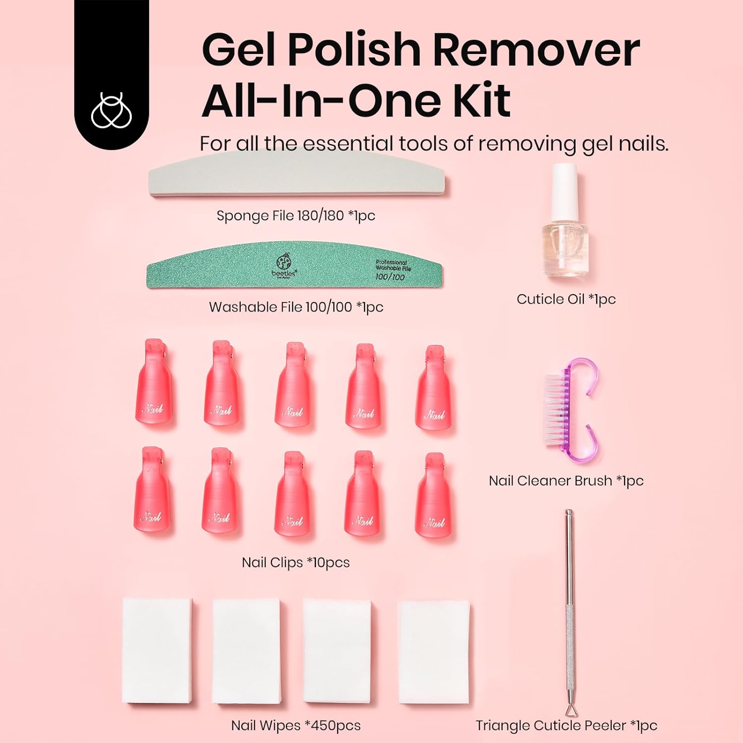Remover Kit with 450 Pcs Lint Free Nail Wipes 10 Pcs Gel Polish Remover Clips Cuticle Oil Cuticle Pusher Nail File