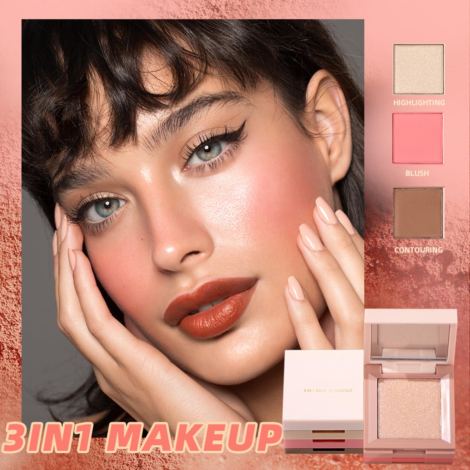 3 in 1 Contour Highlighter Blush Makeup Palette, Shimmer Matte 3 Colors Pigmented Brighten Highlighting Bronzer Blusher Eyeshadow Pallet, Long Lasting Shaping Full Face Eyes Makeup Kit with Mirror