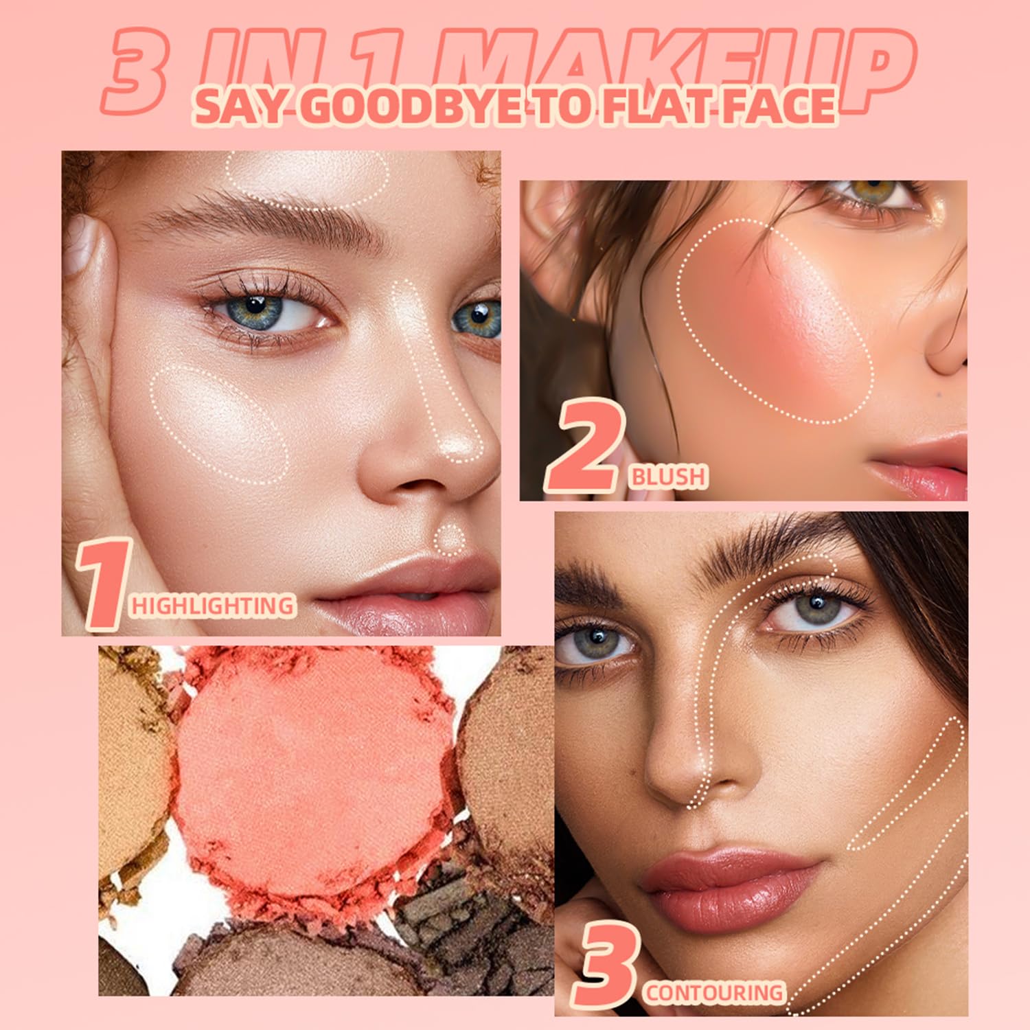 3 in 1 Contour Highlighter Blush Makeup Palette, Shimmer Matte 3 Colors Pigmented Brighten Highlighting Bronzer Blusher Eyeshadow Pallet, Long Lasting Shaping Full Face Eyes Makeup Kit with Mirror