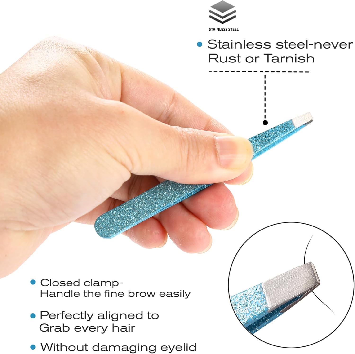 4-Pcs Glitter Stainless Steel Precision Tweezer Set for Eyebrows, Ingrown Hair & Lash Extensions (Cyan)