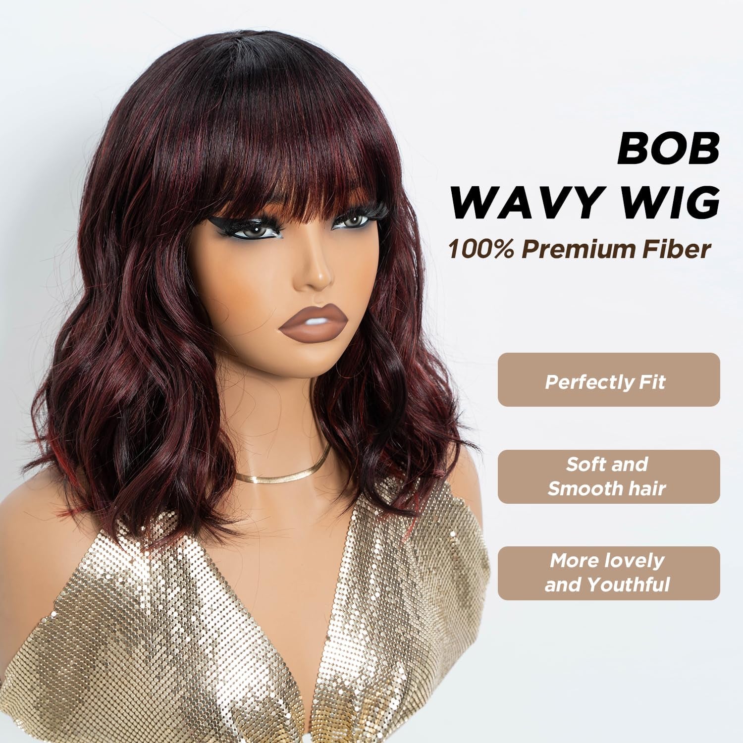 Red Wig with Bangs for Women Short Colorful Wavy Bob Wig with Bangs Shoulder Length Ombre Wine Red Curly Wigs with Bangs Heat Resistant Synthetic Burgundy Colored Wigs for White Women
