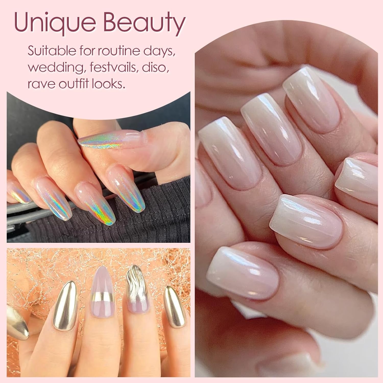 Chrome Nail Powder 4Pcs White Pearl Chrome Pigment Powder Iridescent Holographic Nail Glitter Dust Metallic Mirror Effect Pigment for Nail Gel Manicure DIY at Home Salon Women Gifts