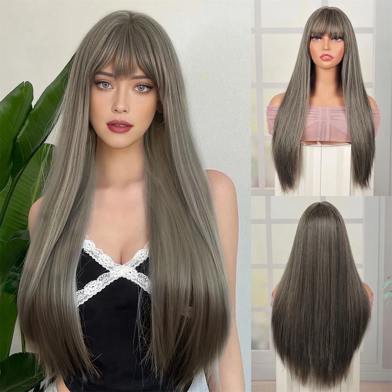 Long Straight Black Wigs for Women Synthetic Long Straight Wig with Bangs Looking Natural Black Long Wigs 24 Inch