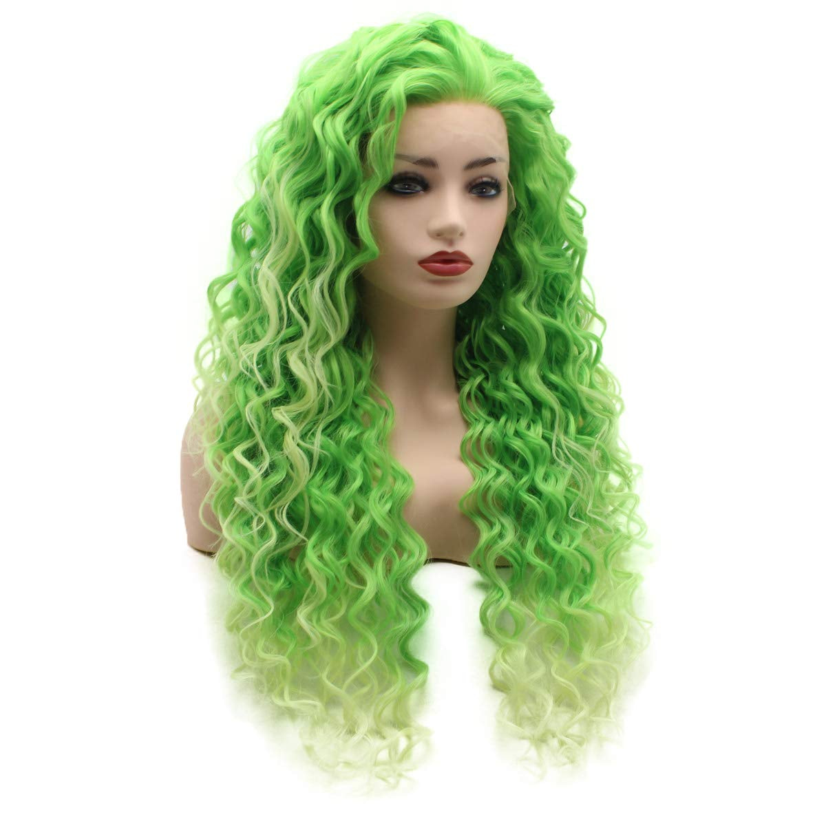 Hair Curly Long 26Inch Two Tone Green Ombre Heavy Density Realistic Synthetic Lace Front Wigs