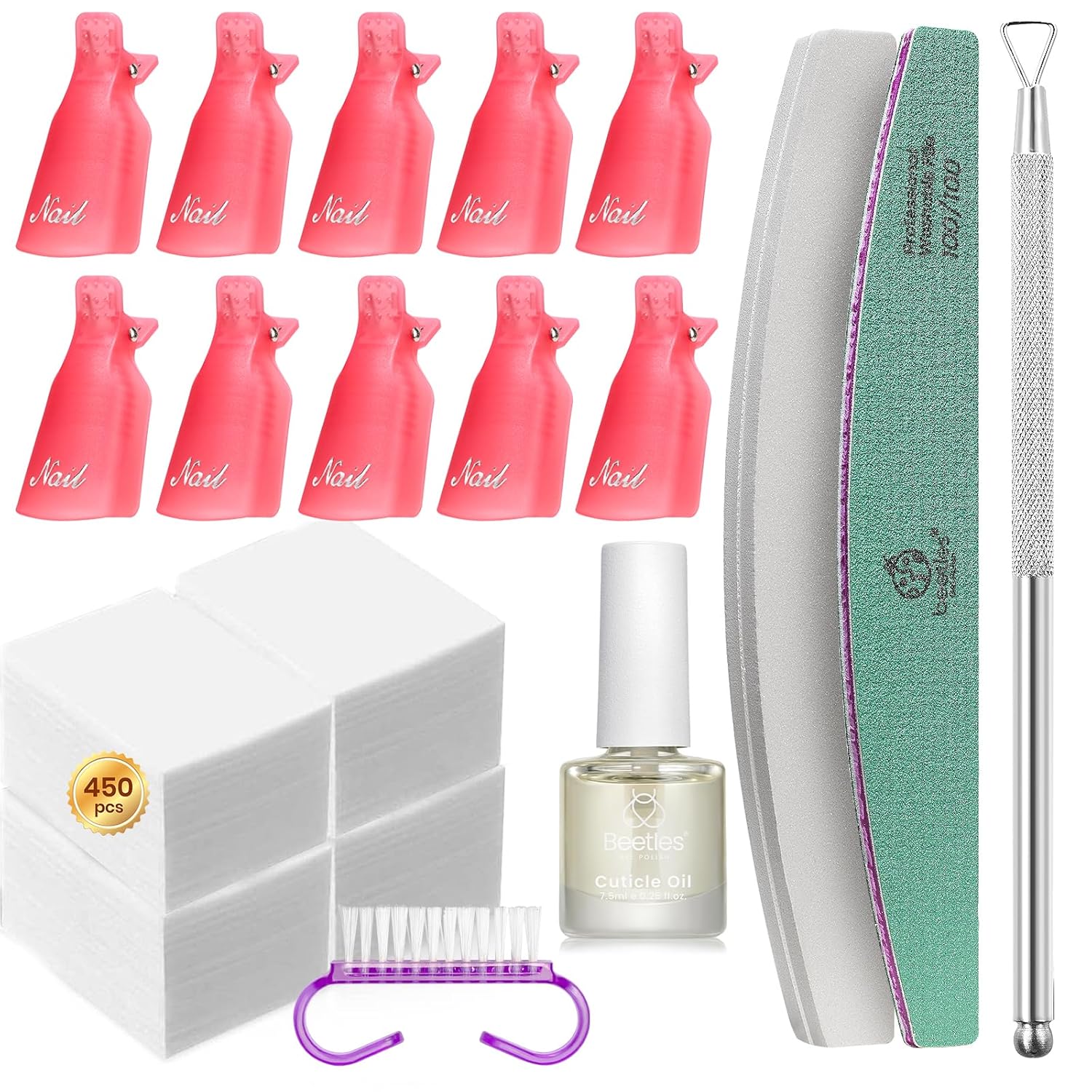 Remover Kit with 450 Pcs Lint Free Nail Wipes 10 Pcs Gel Polish Remover Clips Cuticle Oil Cuticle Pusher Nail File