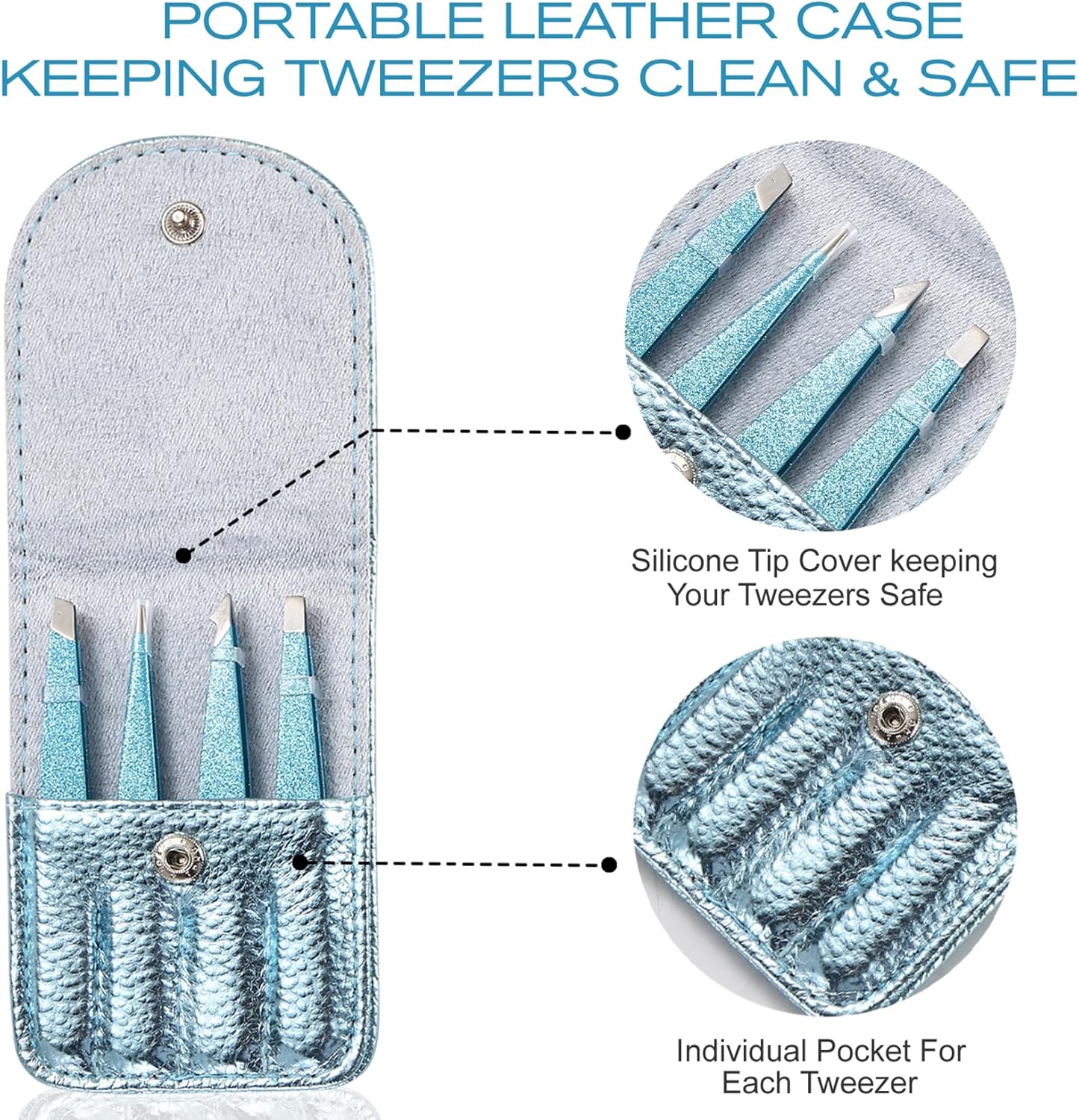 4-Pcs Glitter Stainless Steel Precision Tweezer Set for Eyebrows, Ingrown Hair & Lash Extensions (Cyan)