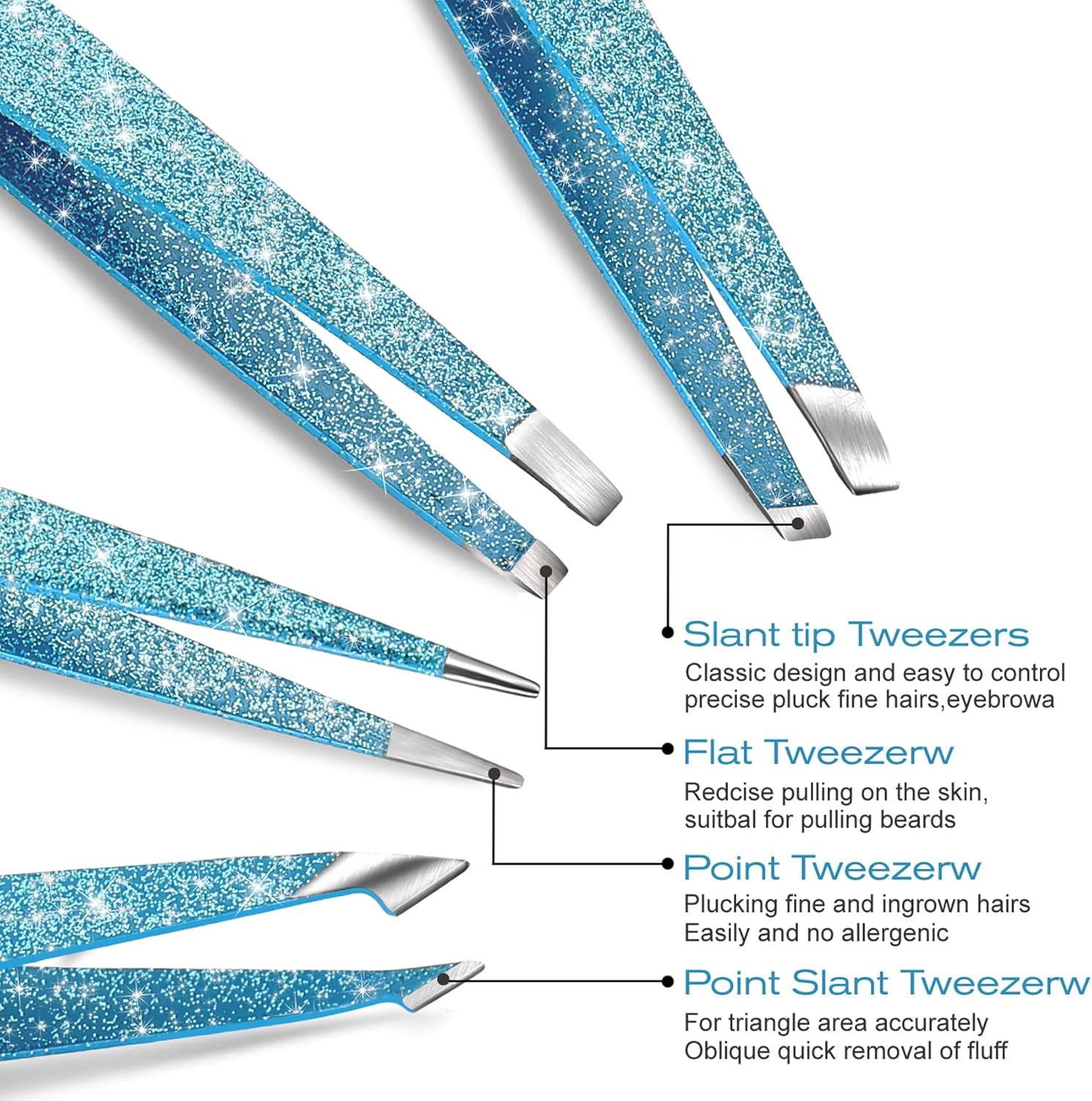 4-Pcs Glitter Stainless Steel Precision Tweezer Set for Eyebrows, Ingrown Hair & Lash Extensions (Cyan)