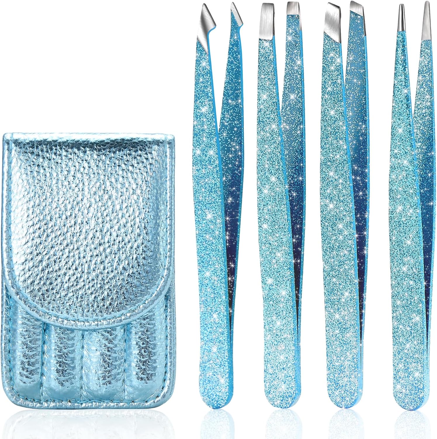 4-Pcs Glitter Stainless Steel Precision Tweezer Set for Eyebrows, Ingrown Hair & Lash Extensions (Cyan)
