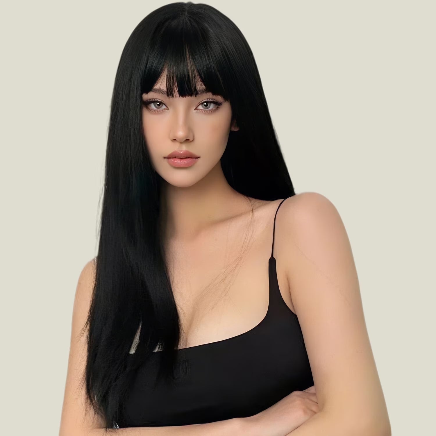 Long Straight Black Wigs for Women Synthetic Long Straight Wig with Bangs Looking Natural Black Long Wigs 24 Inch