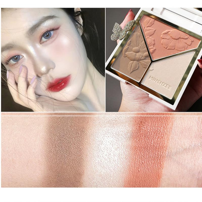 Face Highlighter & Contouring & Blush Palette Natural Shiny Contour Highlight Lasting Lightweight Face Blush with Mirror and Brush