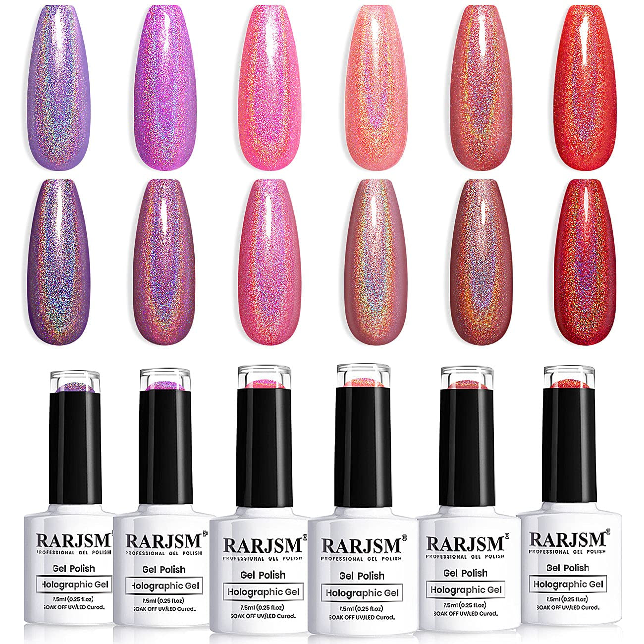 Holographic Gel Nail Polish Set Summer Colors Glitter Gel Polishes Kit Rose Gold Hot Pink Red Violet Bright Purple 6PCS 7.5ML Curing Required Unicorn Mirror Laser Effect for Salon Home Manicure