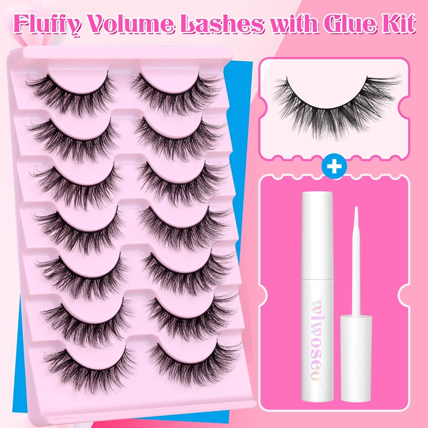 Wispy Lashes Natural Look False Eyelashes with Lash Glue Cat Eye Lashes Kit Lashes Extension with Eyelash Glue Short Mink Lashes Pack, 7 Pairs with Clear Lash Glue by