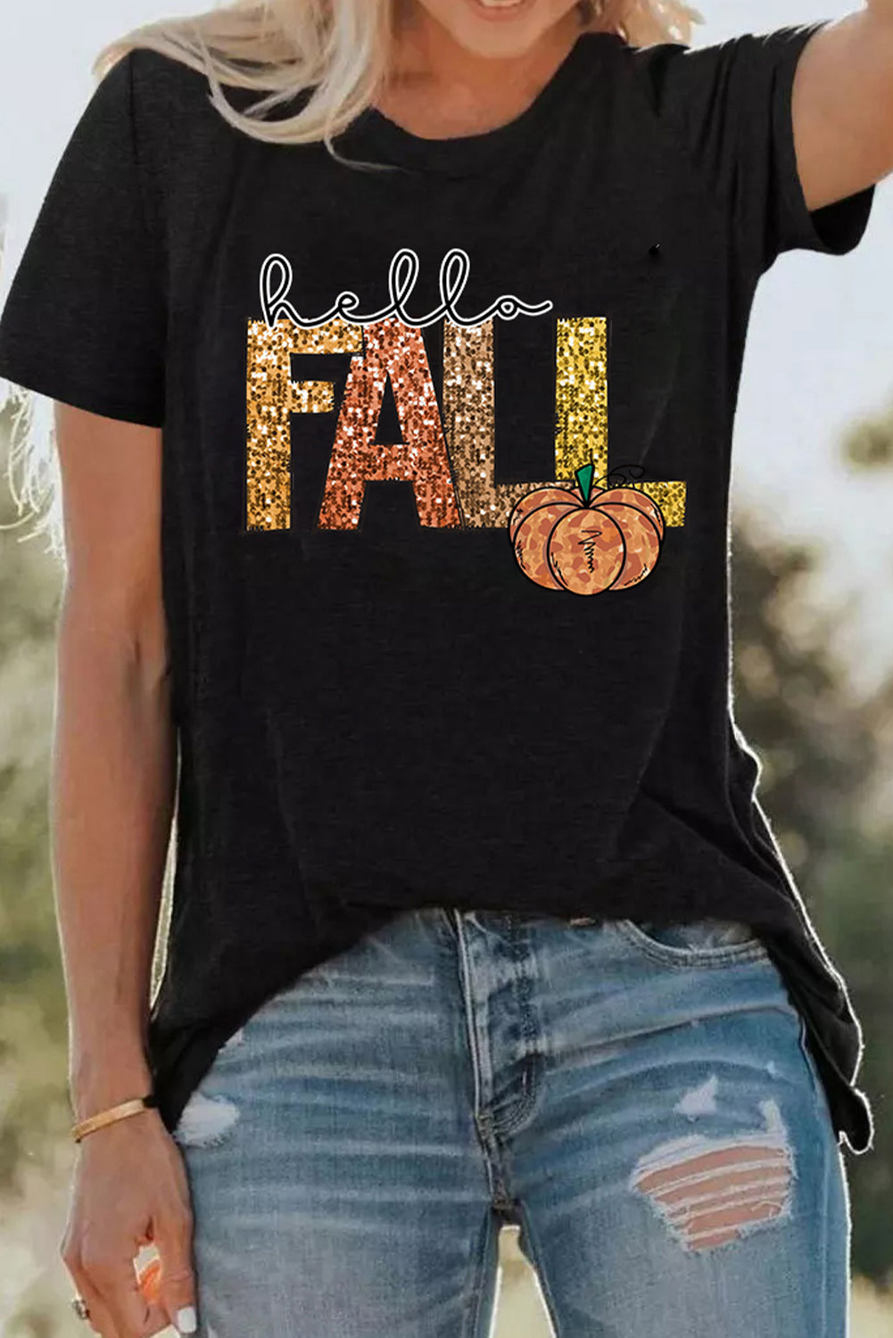 Black Hello Fall Letter Pumpkin Printed Thanksgiving T Shirt