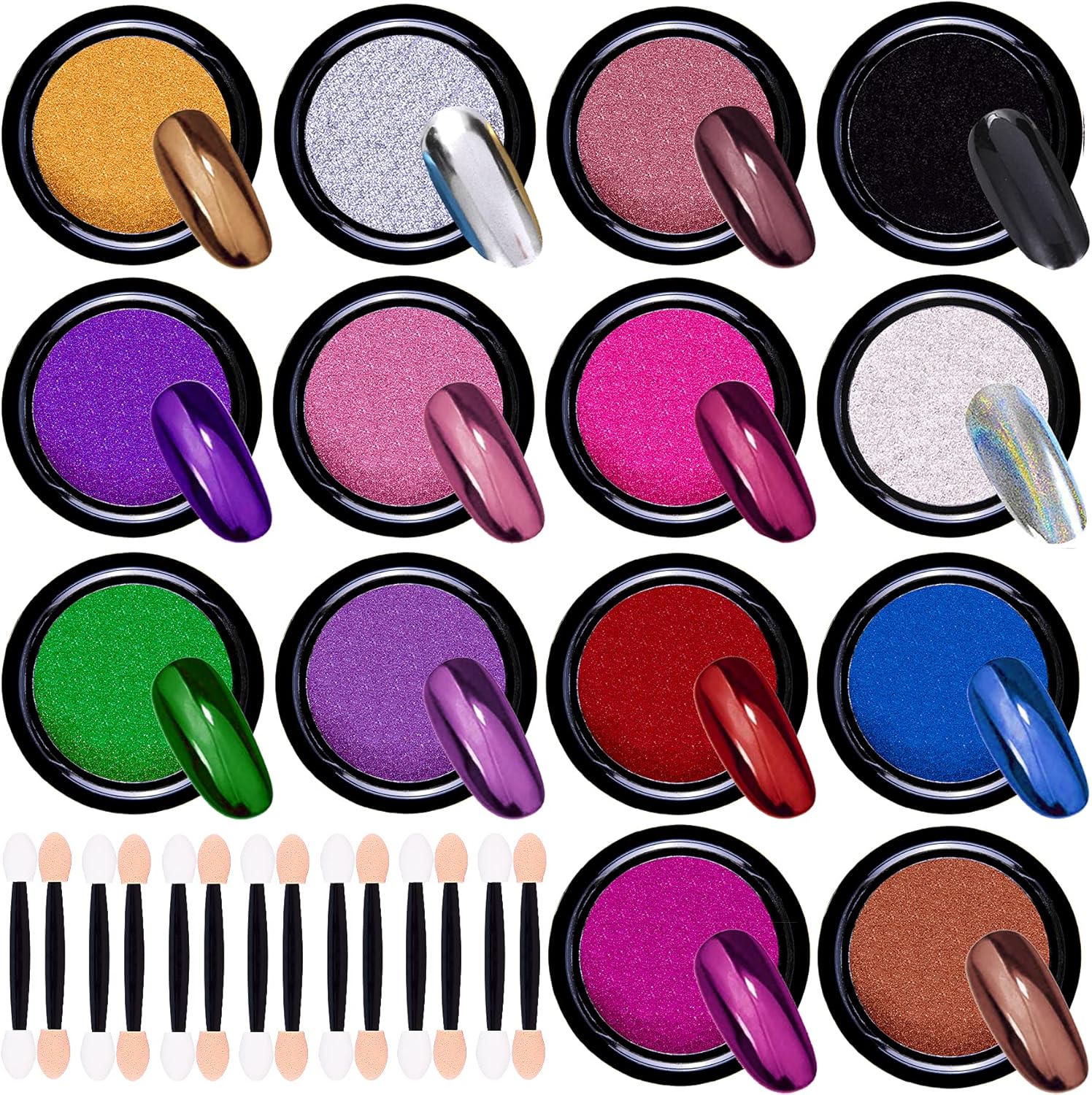 14 Jars Chrome Nail Powder Metallic Nail Art Powder Mirror Effect Manicure Chrome Powder 14 Colors Nail Powders with 14 Pcs Eyeshadow Sticks, 1G/Jar