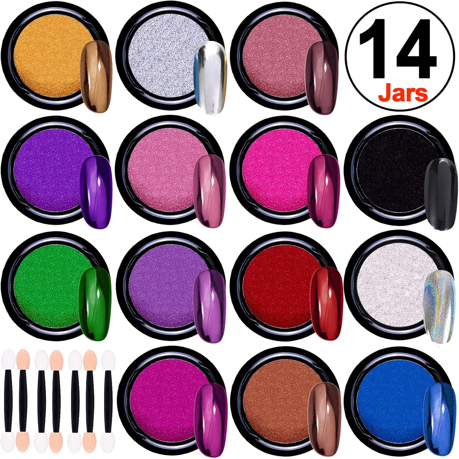 14 Jars Chrome Nail Powder Metallic Nail Art Powder Mirror Effect Manicure Chrome Powder 14 Colors Nail Powders with 14 Pcs Eyeshadow Sticks, 1G/Jar