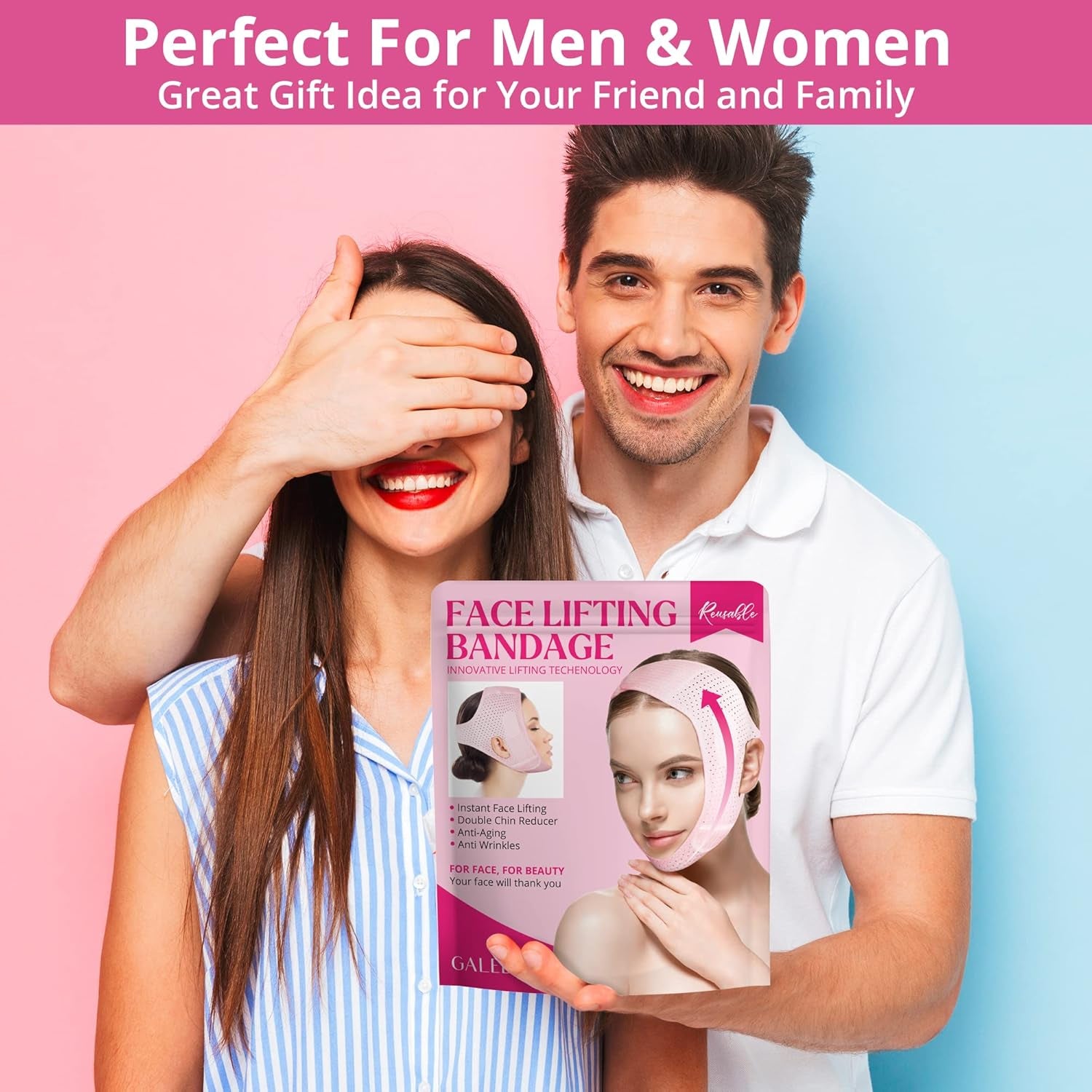 Reusable Double Chin Reducer- V Line Mask -Double Chin Remover-Facial Slimming Chin Strap-Chin up Mask Face Lifting Belt V Shaped Slimming Face Mask, Pink