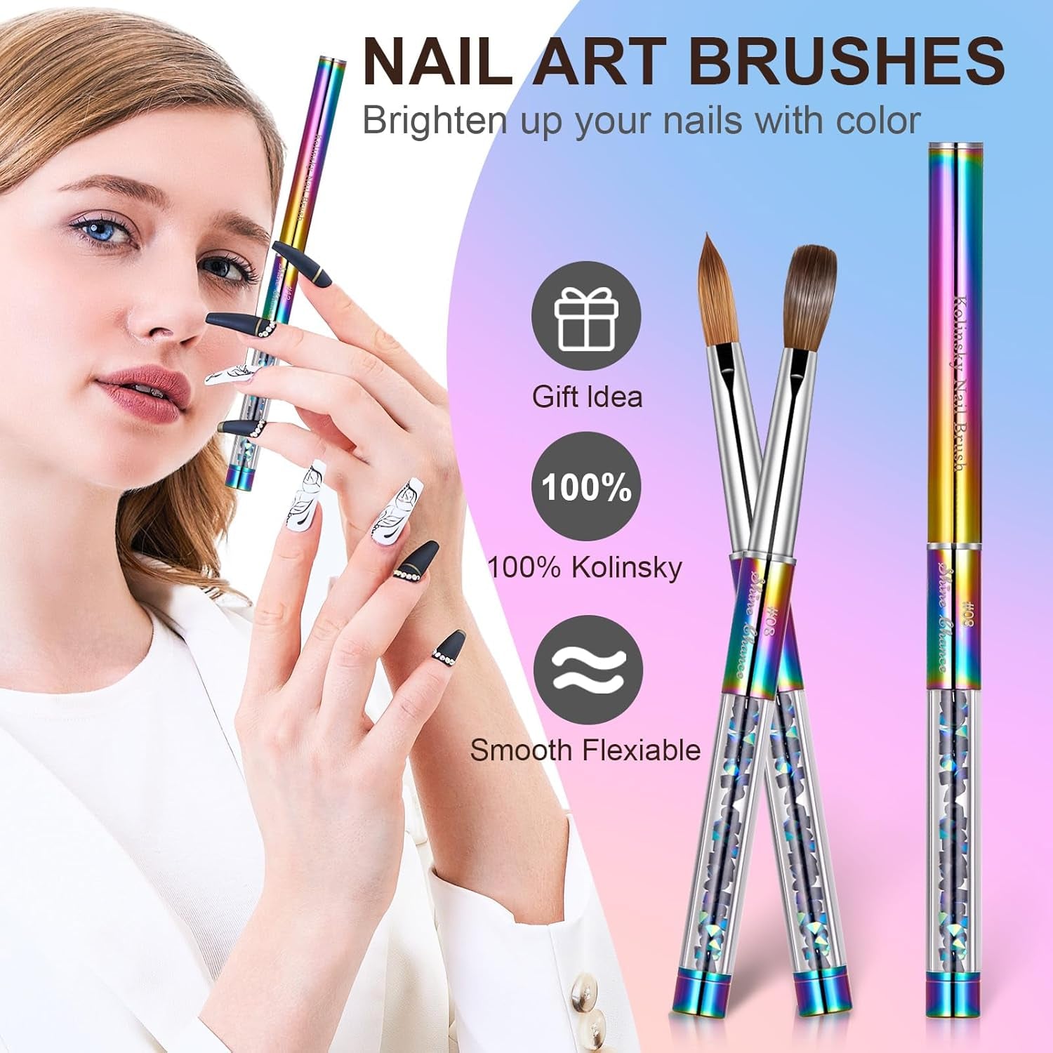 Acrylic Nail Brush Size 8, 100% Real Kolinsky Art Nail Brush for Acrylic Powder Application, Handmade Women Manicure Nail Extension Tool for Professional DIY Home Salon and Beginners