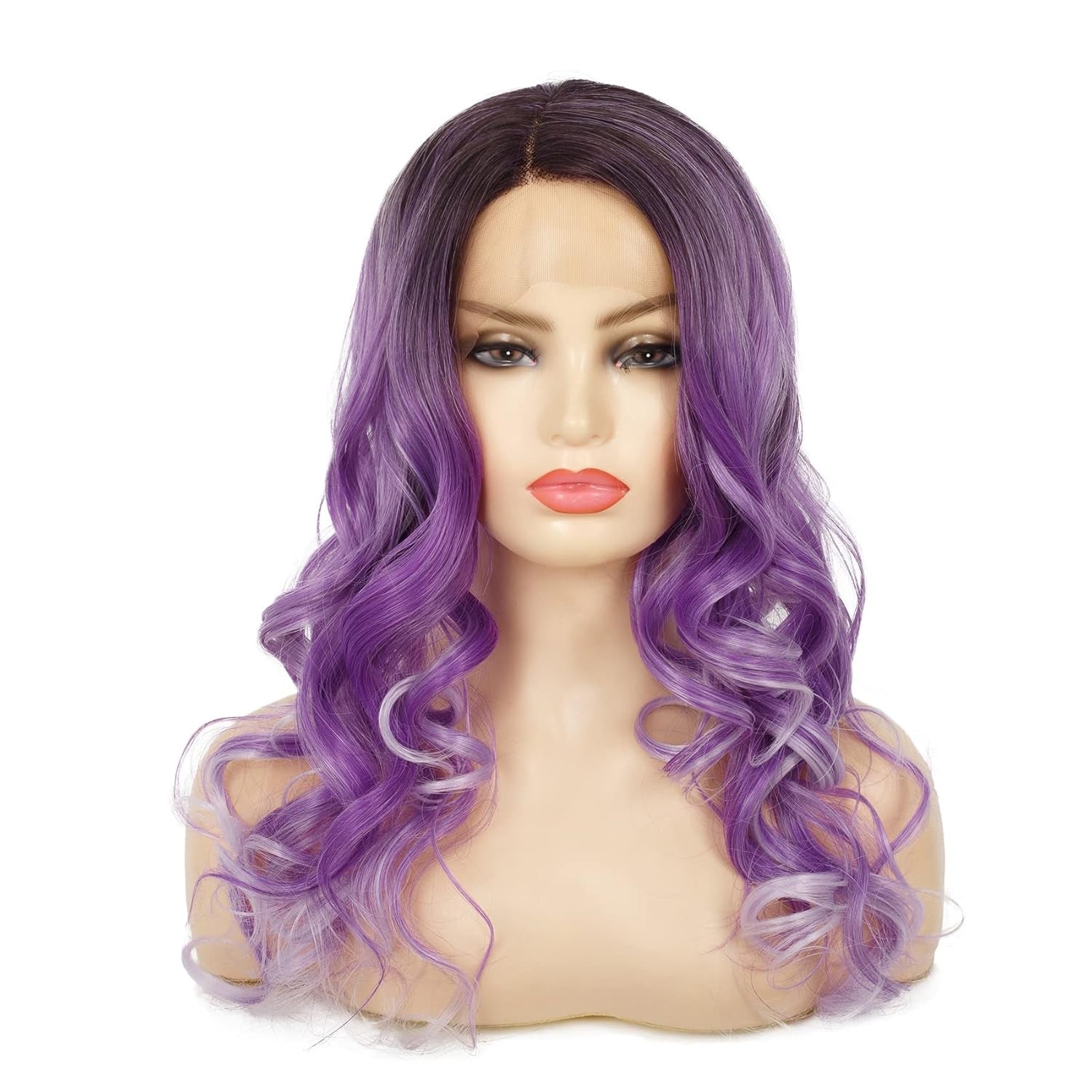 Purple Lace Front Wigs Long Ombre Curly Wavy Hair with Dark Roots Hair Wavy Wig Side Part Cosplay Halloween Wigs