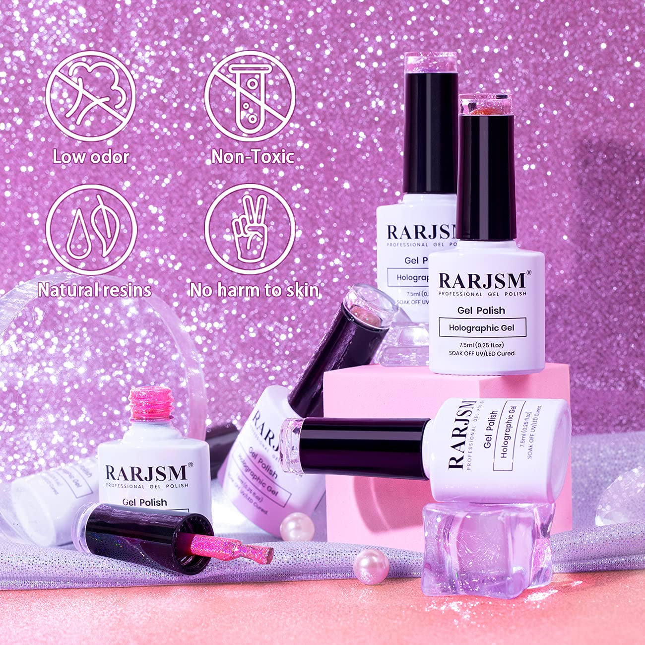 Holographic Gel Nail Polish Set Summer Colors Glitter Gel Polishes Kit Rose Gold Hot Pink Red Violet Bright Purple 6PCS 7.5ML Curing Required Unicorn Mirror Laser Effect for Salon Home Manicure