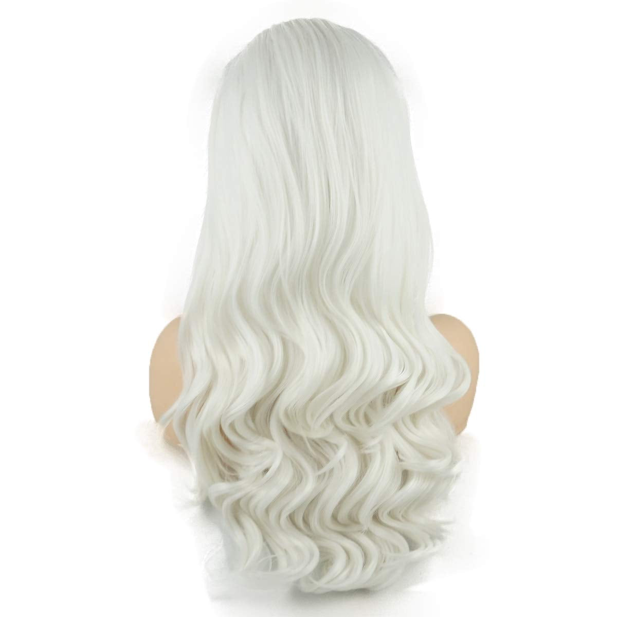 Hair Wavy Long 24Inch White Half Hand Tied Heavy Density Realistic Synthetic Lace Front Wig