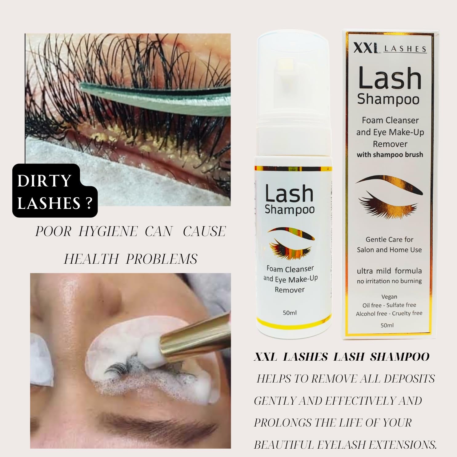 Eyelash Shampoo, Micellar Foam Cleanser with Wild Rose, Lash Shampoo with Foam Nozzle, Eyelash Care Incl. Brush, Makeup and Eyelid Cleanser, 50 Ml