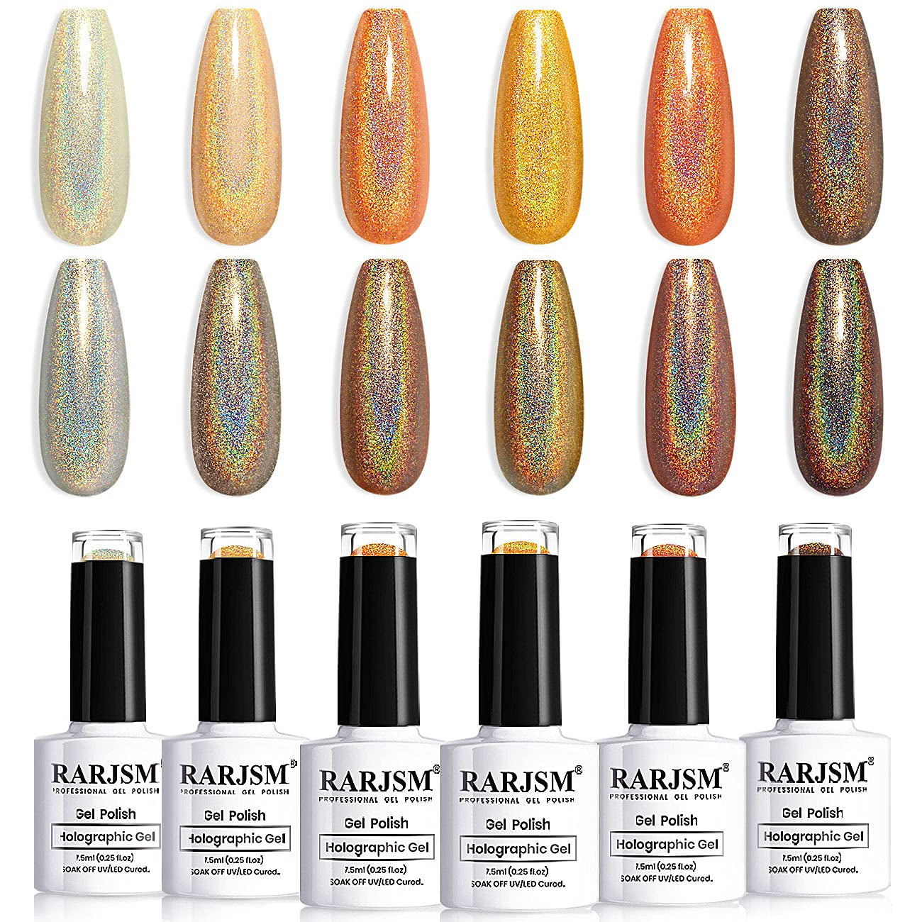 Holographic Gel Nail Polish Set Summer Colors Glitter Gel Polishes Kit Rose Gold Hot Pink Red Violet Bright Purple 6PCS 7.5ML Curing Required Unicorn Mirror Laser Effect for Salon Home Manicure