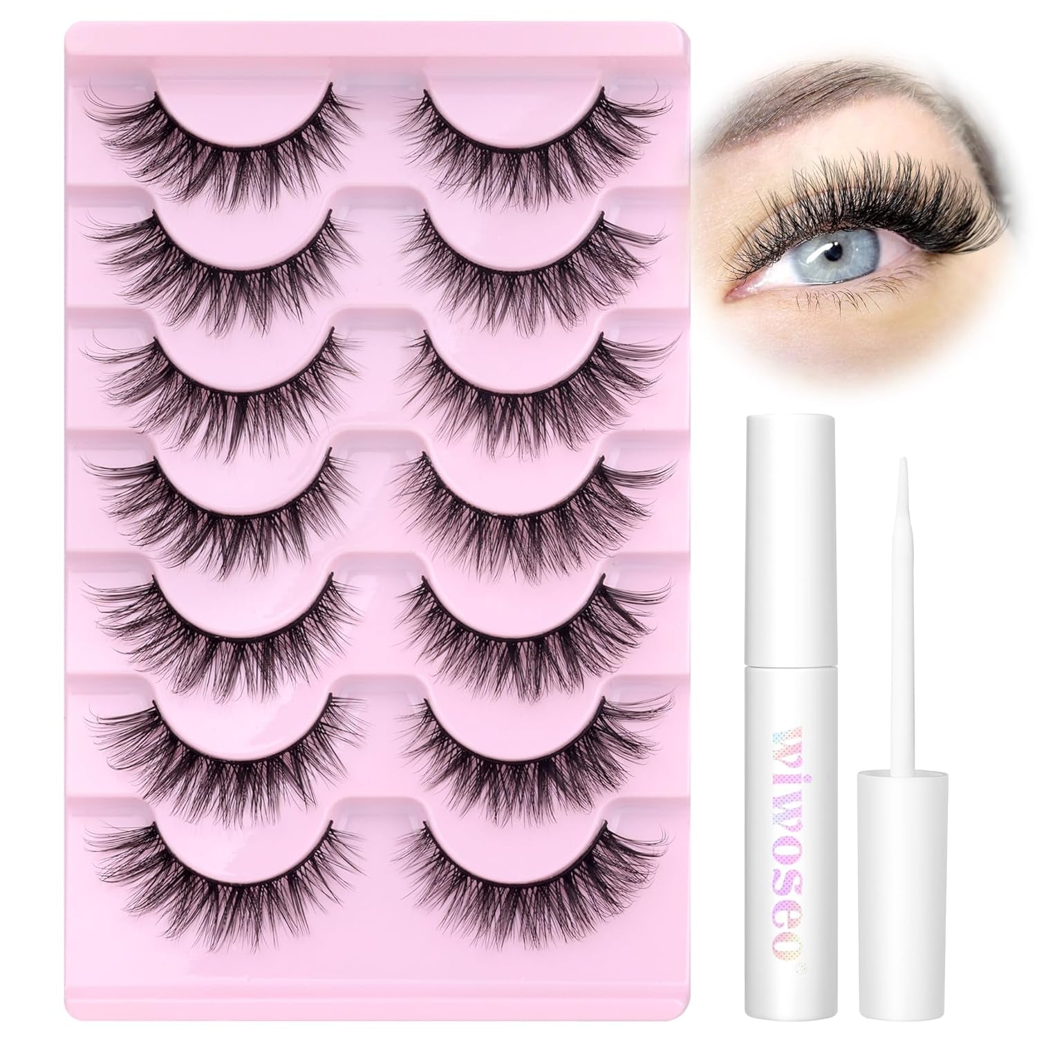 Wispy Lashes Natural Look False Eyelashes with Lash Glue Cat Eye Lashes Kit Lashes Extension with Eyelash Glue Short Mink Lashes Pack, 7 Pairs with Clear Lash Glue by