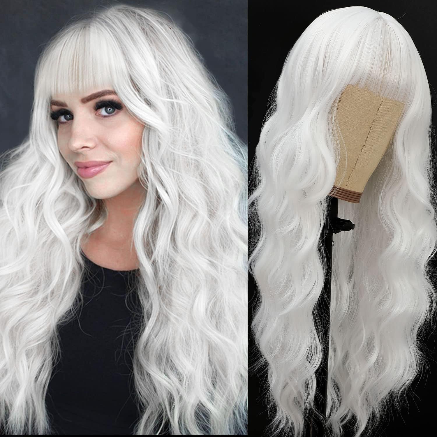 Ombre Blonde Wig with Bangs for Women 613 Synthetic Curly Wigs Long Blonde Wavy Wigs for Cosplay 26 Inch