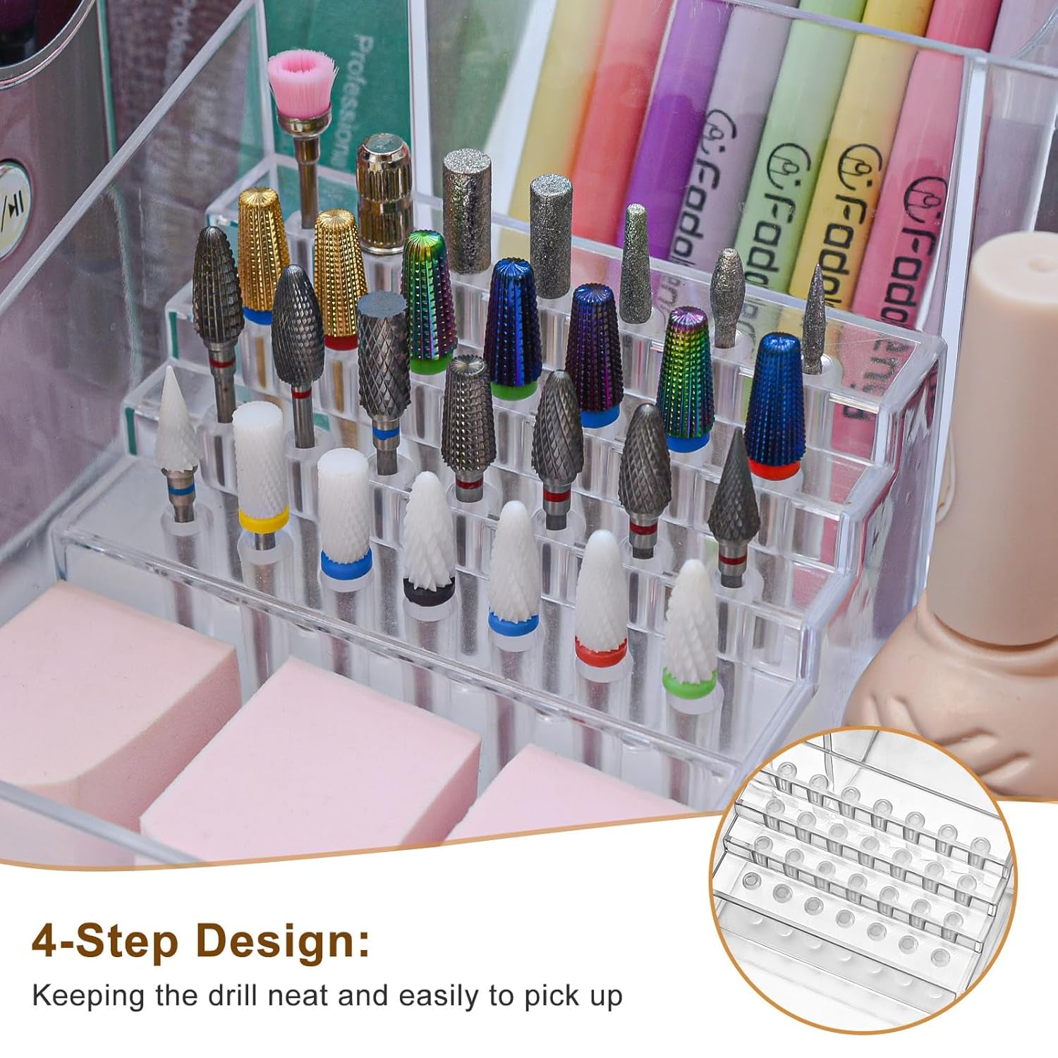 Nail Drill Holder, 28 Holes Acrylic Nail Drill Bit Holder, Professional Nail Drill Organizer Case and Storage Box for Manicure Tools - Transparent (Not Included Tools)