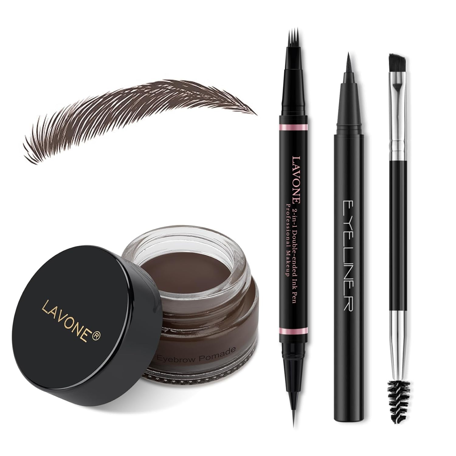 Eyebrow Pencil Makeup Kit, with Waterproof 2-IN-1 Microblading Eyebrow Pen, Eyebrow Pomade, Eyeliner and Dual-Ended Eyebrow Brush, Brow Pencil Kit for Natural Eyebrows - Dark Brown