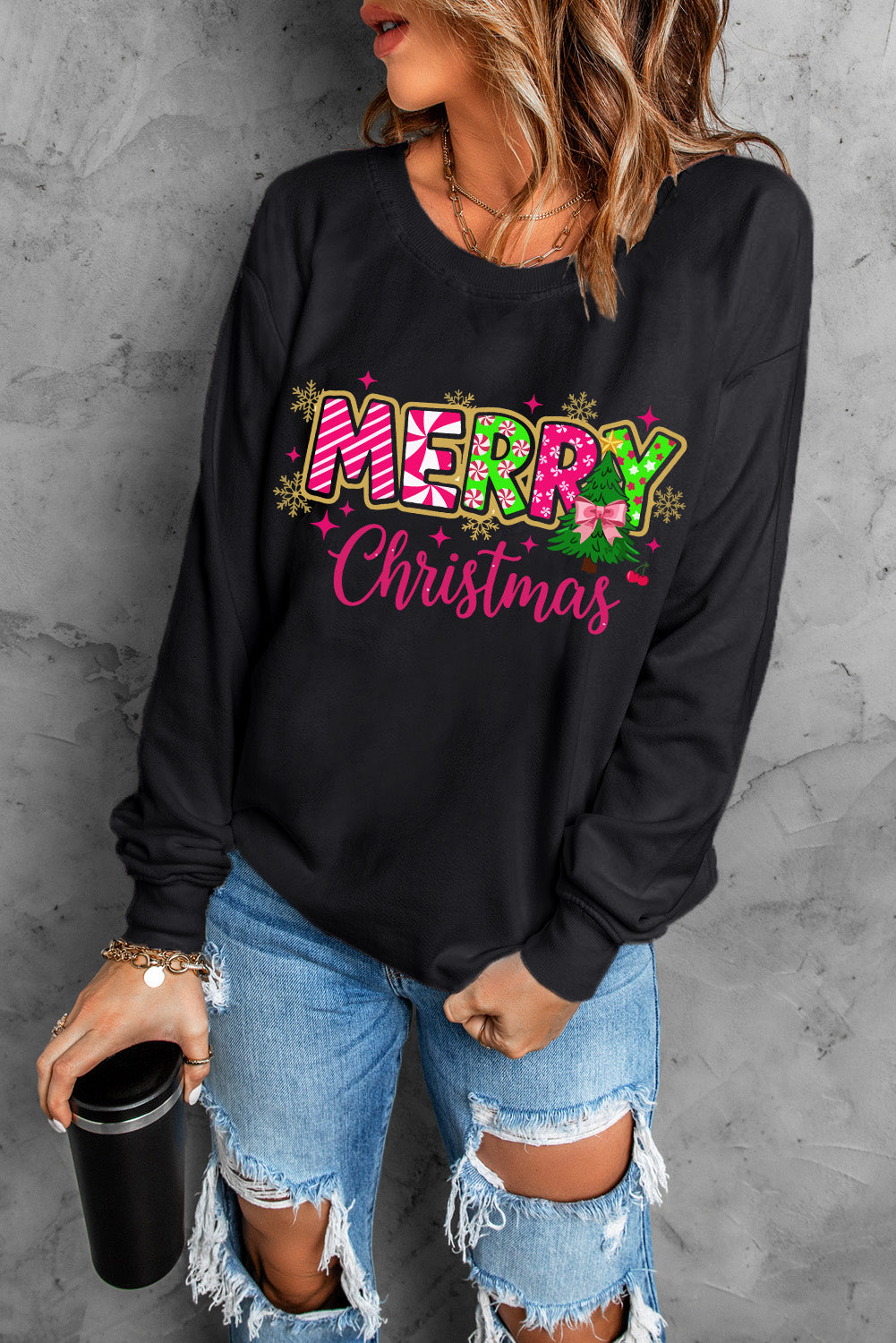 Black MERRY Christmas Playful Letter Print Drop Shoulder Sweatshirt