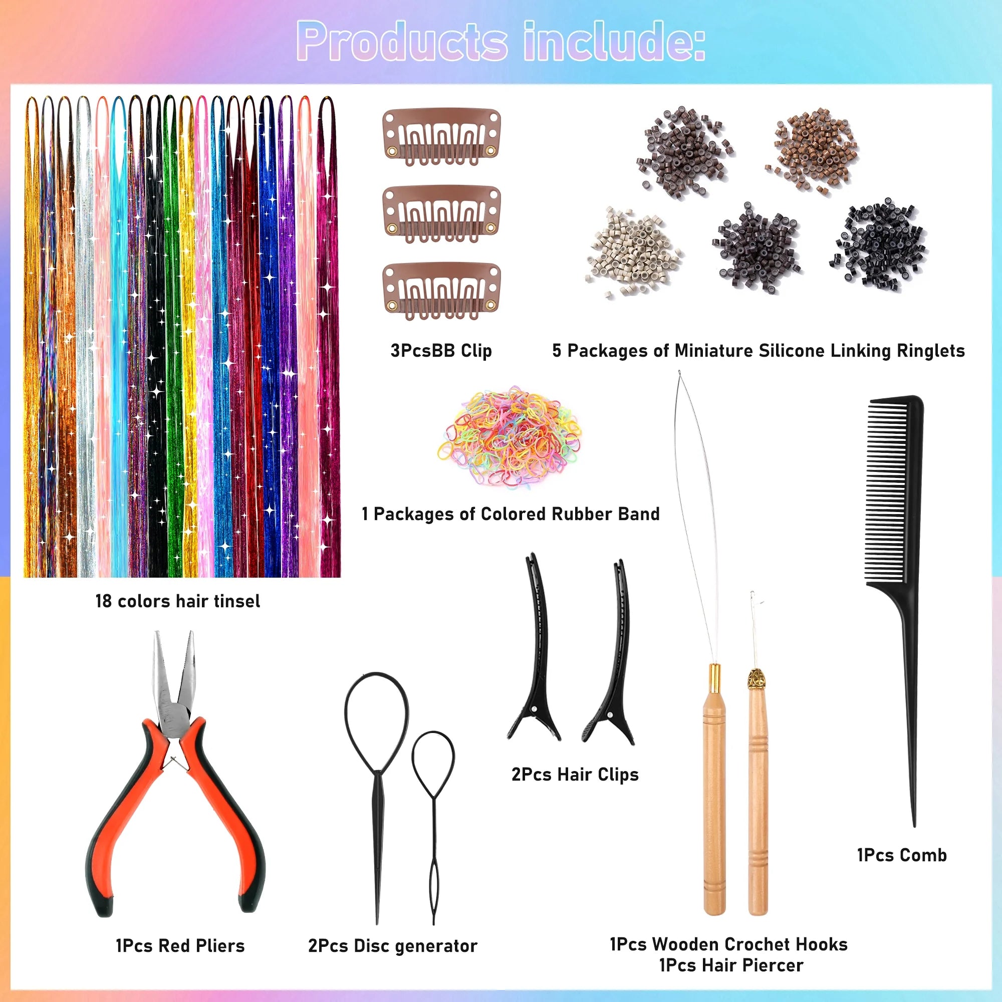 18 Colors 48 Inch Fairy Hair Tinsel Kit,Heat Resistant Colored Hair Extensions,Glitter Hair Tinsel Kit,For Women Hair Accessories