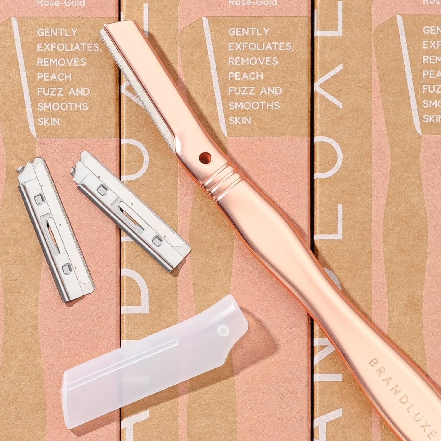 Dermaplaning Tool for Face, Eyebrow Shaping, Hair Removal and Exfoliation. Eco-Friendly Design. Includes 3 Swedish Stainless Steel Blades in Rosegold (Starter Kit)
