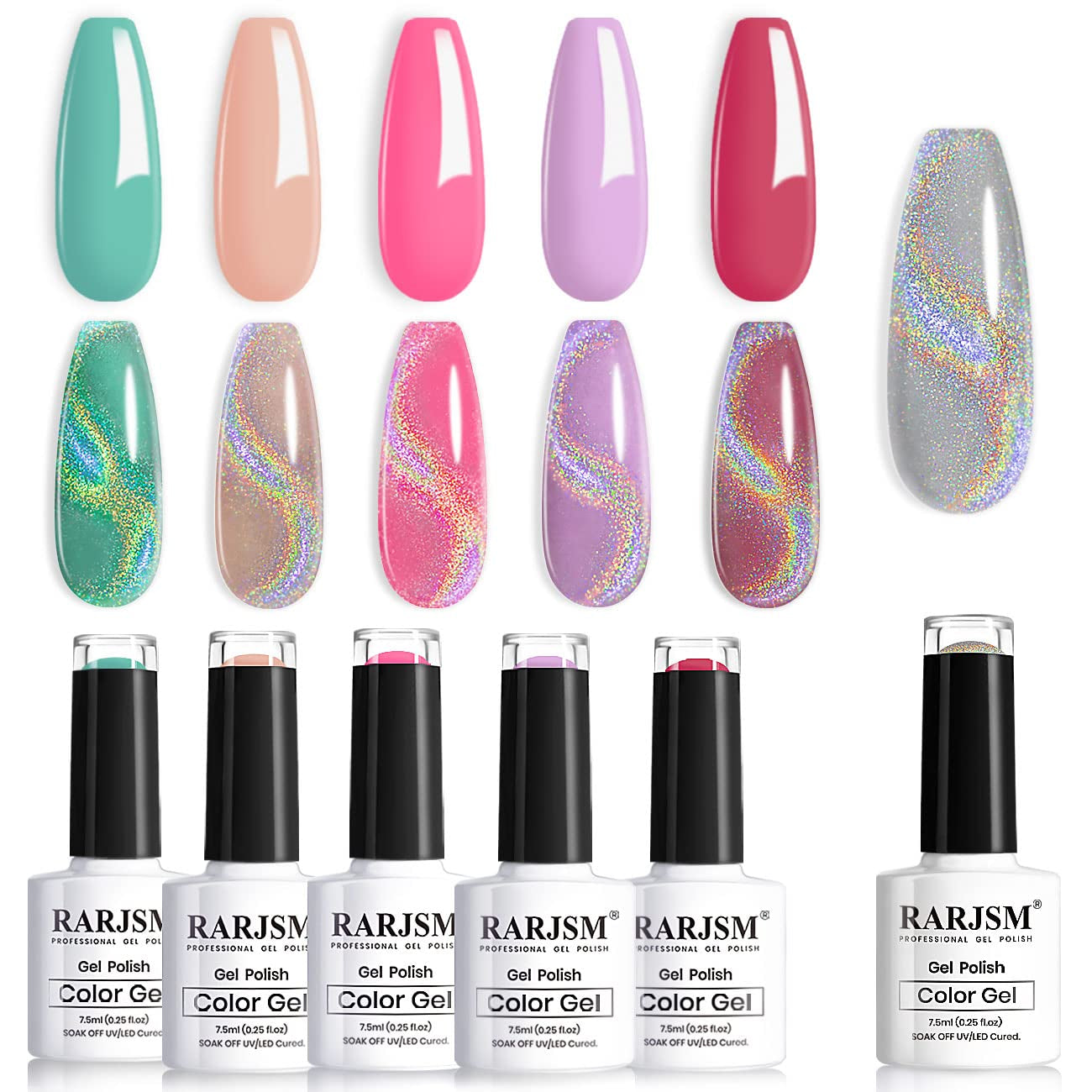 Holographic Gel Nail Polish Set Summer Colors Glitter Gel Polishes Kit Rose Gold Hot Pink Red Violet Bright Purple 6PCS 7.5ML Curing Required Unicorn Mirror Laser Effect for Salon Home Manicure